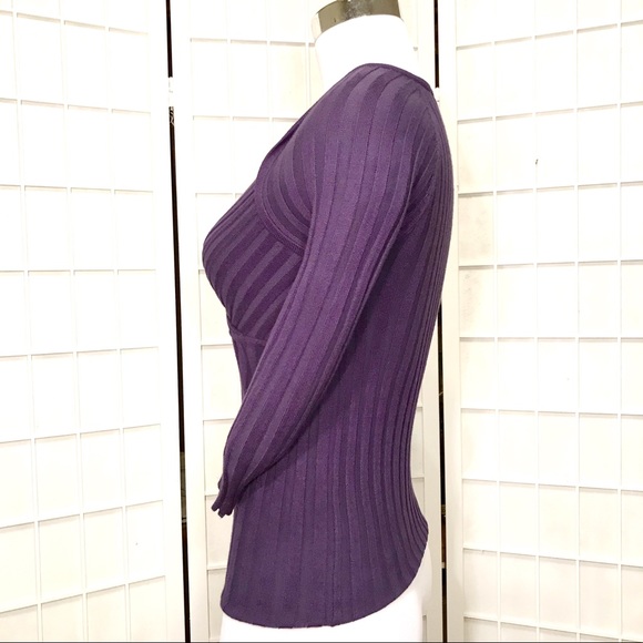 Plunge Neckline Long Sleeve Stretch Knt Purple Top - Picture 3 of 7